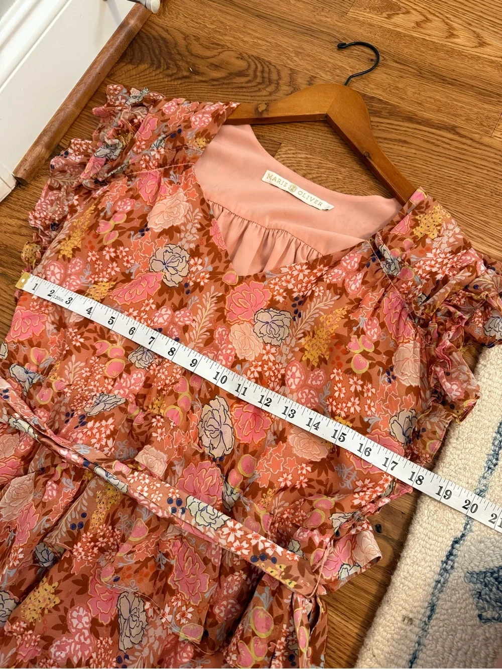 Marie Oliver Thea Ruffled Floral-Print Mini Dress Size Large Metallic Silk Blend